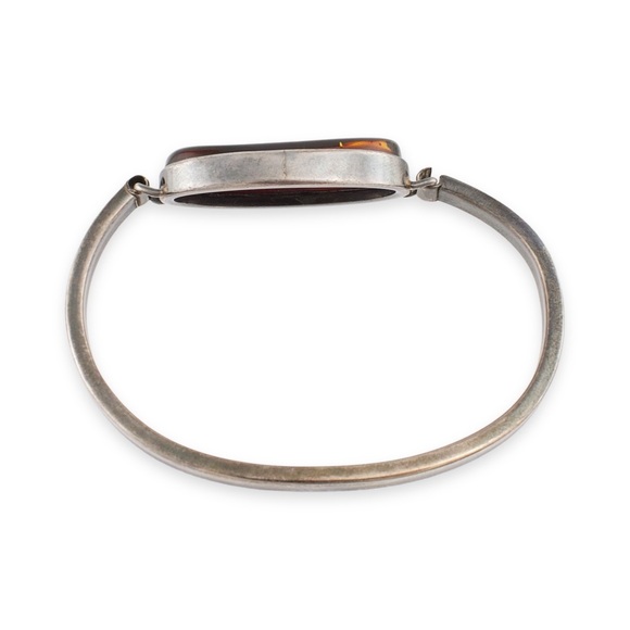 Vintage Cherry Amber Sterling Silver Hinged Bracelet Modernist Style - Picture 3 of 8